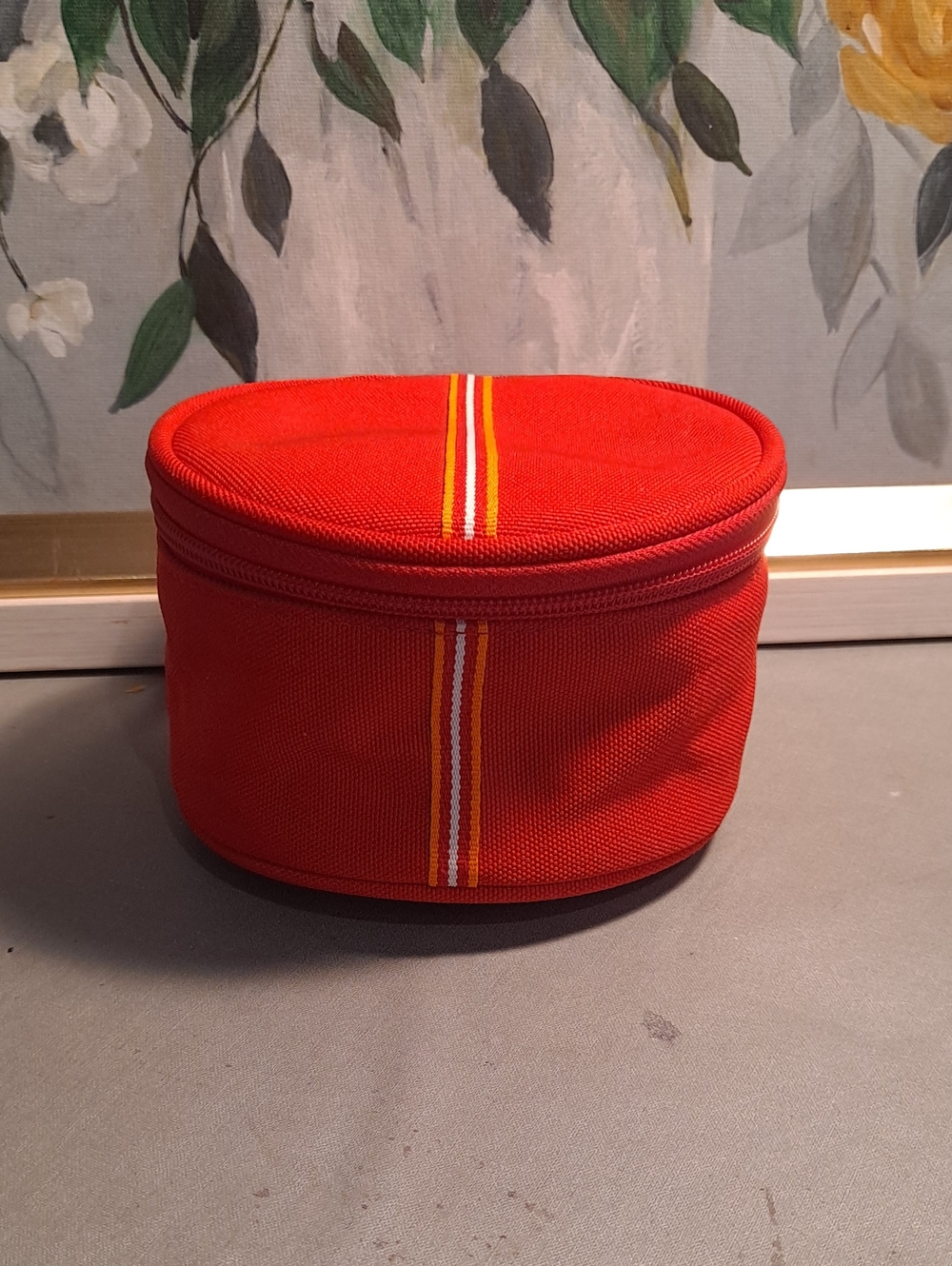 Tommy Hilfiger Red Round Zippered Cosmetic Or Jewelry Case Yellow & White Stripe